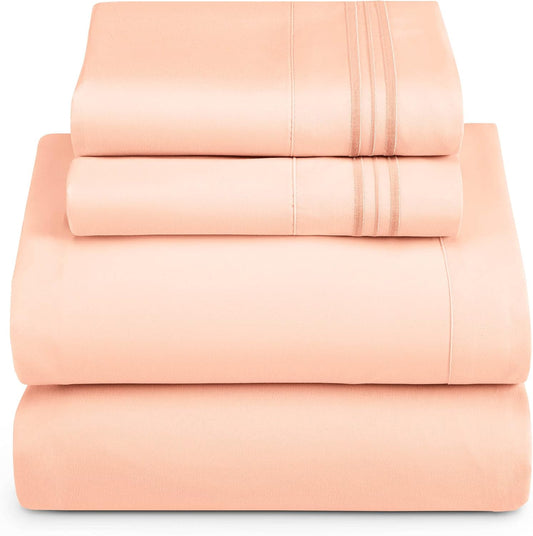 Hearth & Harbor Twin Size Sheets - 3 Piece Bed Sheet Set, Hotel Luxury Double Brushed Bed Sheets - Extra Soft Bedding Sheets & Pillowcases, Twin, Peach