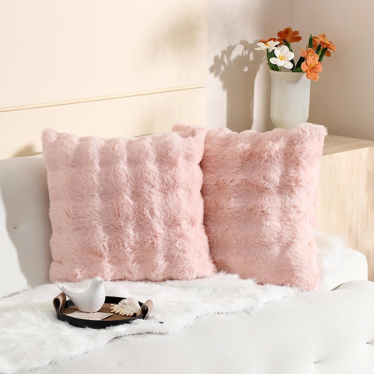 linmopm Excluding Insert Faux Rabbit Fur Bubble Pack of 2 Throw Pillow Cover Double Side 18x18 Inch Pink Thick Plush Dense Fuzzy Decorative Cushion Covers for Couch Bedroom