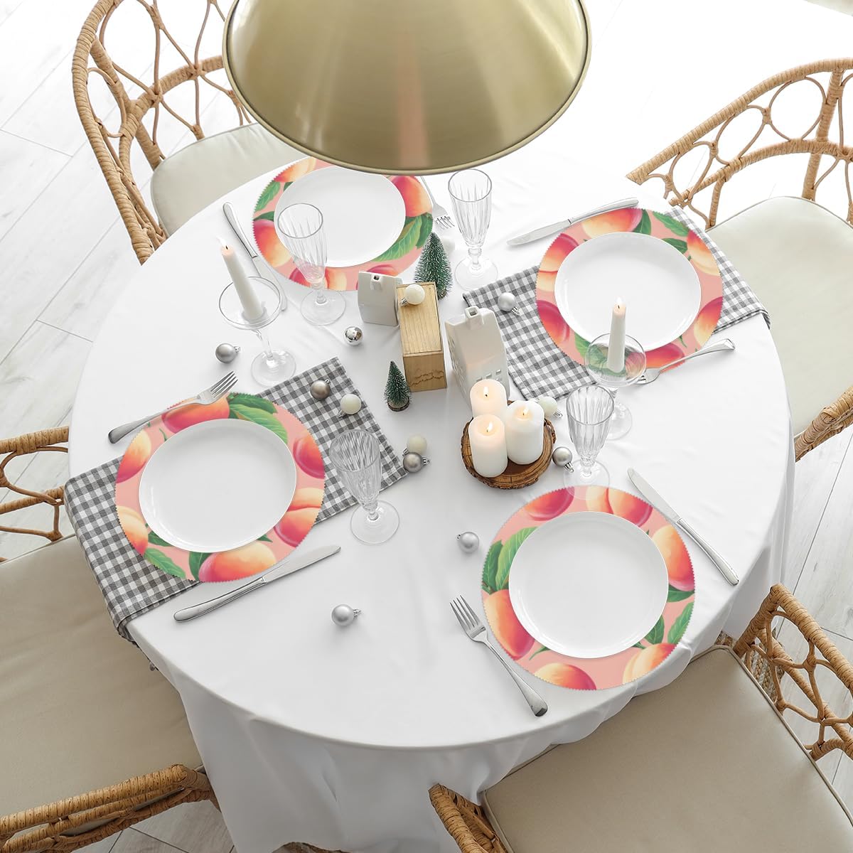 Round Placemat Set of 4-15 Inch Non Slip Heat Resistant Table Mats Washable Place Mats for Kitchen Dining Party Table Decor Peach Fruit Pattern
