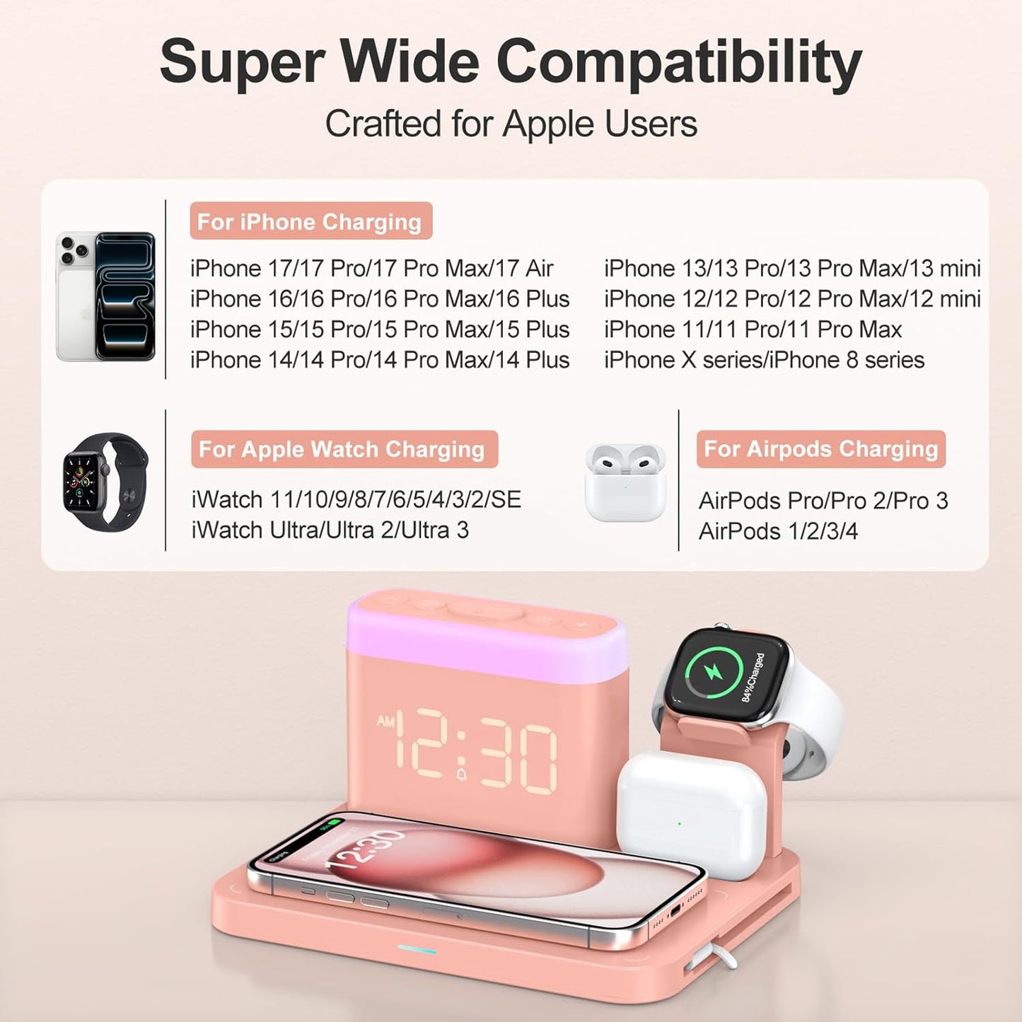 ANJANK 5 in 1 Wireless Charging Station with Alarm Clock,7 Night Light & 0-100% Dimmer,Qi Mag-Safe Charger Stand for Apple Devices - for iPhone 17 16 15 14 13 12 Pro Max Plus Air,Apple Watch,Airpods