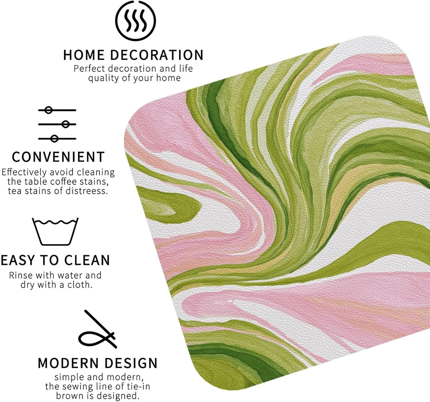 Watercolor Light Pink Green Swirl Marble Drinks Coasters Set of 4 Leather Drink Coasters for Tabletop Protection Heat Resistant Bar Cup Mat Pad
