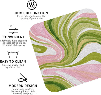 Watercolor Light Pink Green Swirl Marble Drinks Coasters Set of 4 Leather Drink Coasters for Tabletop Protection Heat Resistant Bar Cup Mat Pad
