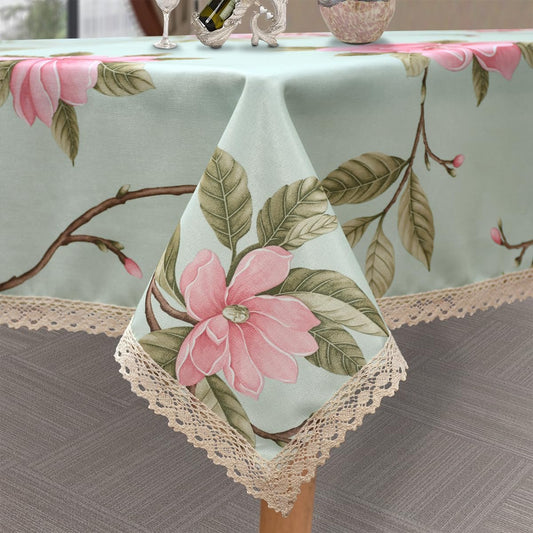 Floral Print Round Tablecloth, Light Green & Pink, 70 Inch | Stain Resistant, Waterproof, Kitchen Dining Indoor Outdoor, Buffet Tabletop Decoration