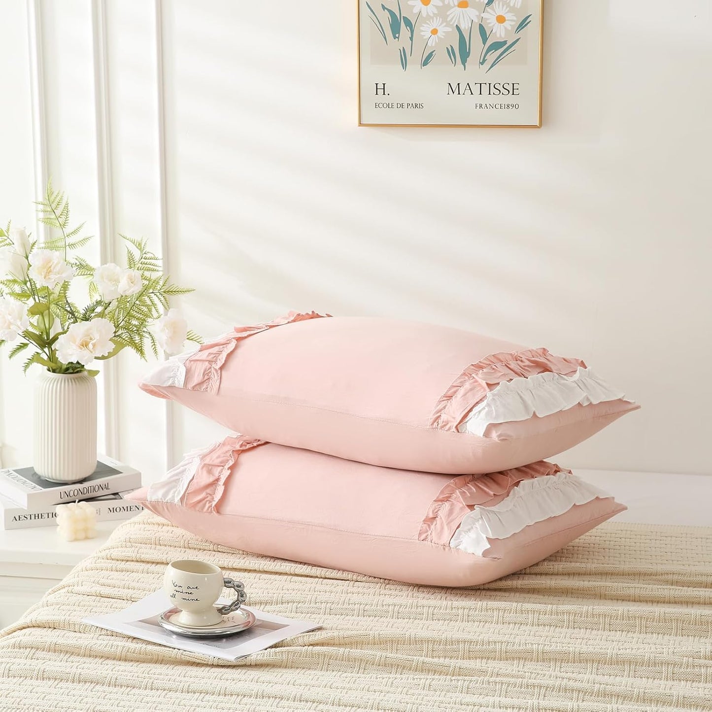 Herside Pink Pillowcase King Size 2 Pack,White Ruffle Pillow Shams,20x36 inches Chic Boho Beige Pillowcases,French Country Vintage Ruffled Cute Pillowcovers Set of 2 Soft Microfiber