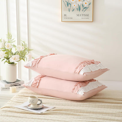 Herside Pink Pillowcase King Size 2 Pack,White Ruffle Pillow Shams,20x36 inches Chic Boho Beige Pillowcases,French Country Vintage Ruffled Cute Pillowcovers Set of 2 Soft Microfiber