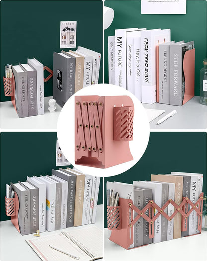 Adjustable Bookends, Metal Bookends for Heavy Books, Shelves, 2 Dividers, Expandable Book Organizer with Pen Holder for Desk, Office (19 inches Max) for 6 7 8 9-15 Boys, Girls, Pink