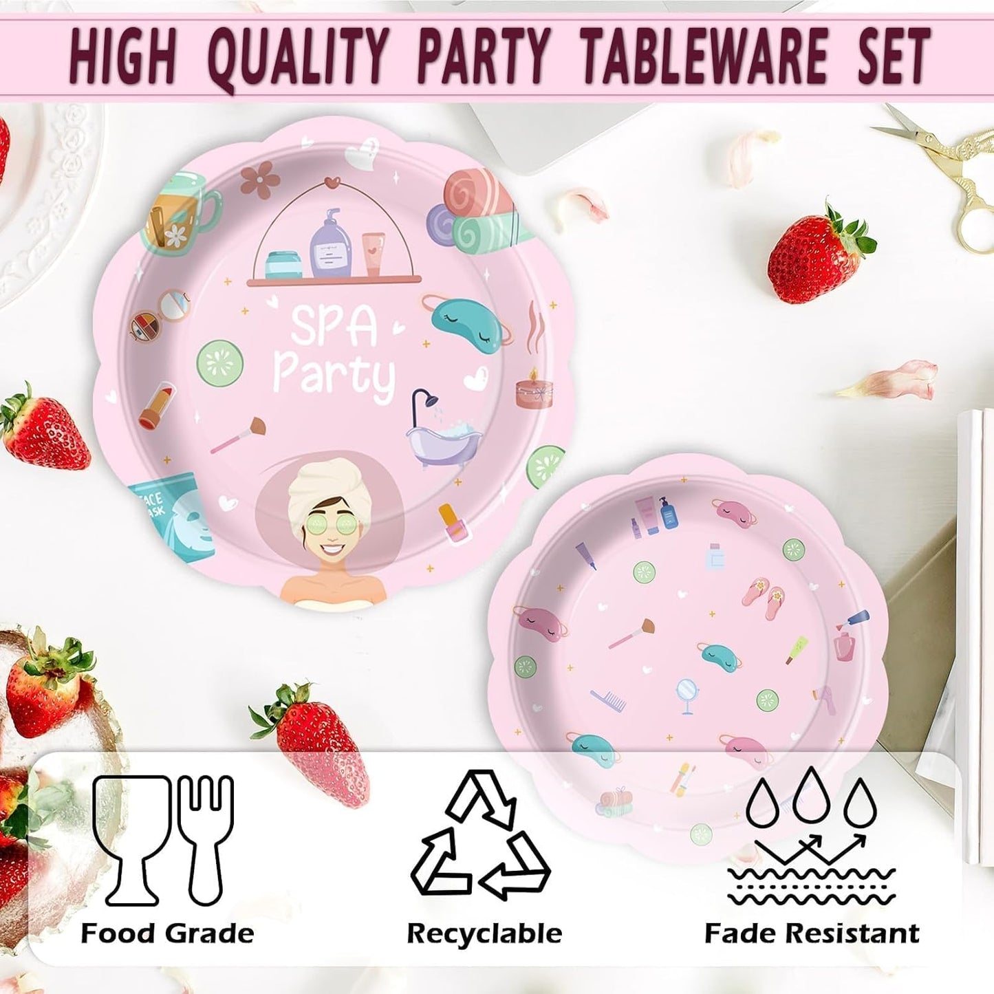 96Pcs Girls Spa Decorations Pink Sleepover Pajama Disposable Paper Plates Napkins Slumber Spa Birthday Tableware Set for 24 Guests Girls Makeup Birthday Pink Sleepover Party Supplies Favors