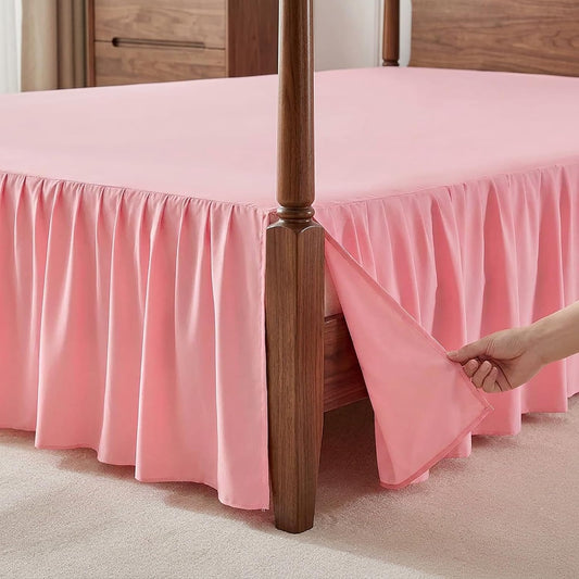 Uozzi Bedding Bed Skirt Queen Size Three Fabric Sides Elastic Dust Ruffled Bed Skirt with Split Corners, Full Ruffles Bed Skirts 16 Inch Drop with Platform, 16'' Queen Pink