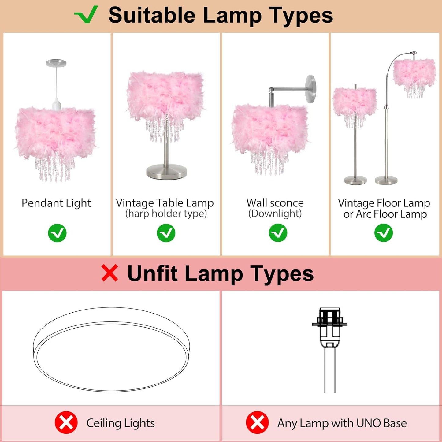 Feather Lamp Shade with Acrylic Beads Droplets, Soft Lampshade for Pendant, Table, Floor & Wall Lighting, Bedroom Wedding Decor, ID 11.8inch, OD 15.7inch, Pink
