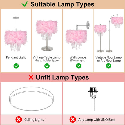 Feather Lamp Shade with Acrylic Beads Droplets, Soft Lampshade for Pendant, Table, Floor & Wall Lighting, Bedroom Wedding Decor, ID 11.8inch, OD 15.7inch, Pink