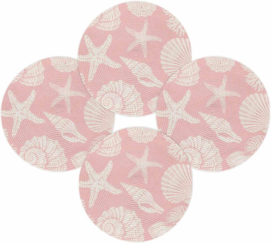 Round Placemats Set of 4 Shell Starfish Place Mats Washable Woven Placemat Peach Pink Coastal Coral Conch Circle Braided Table Mat for Kitchen Dining Table Party Home Decor 15 Inch