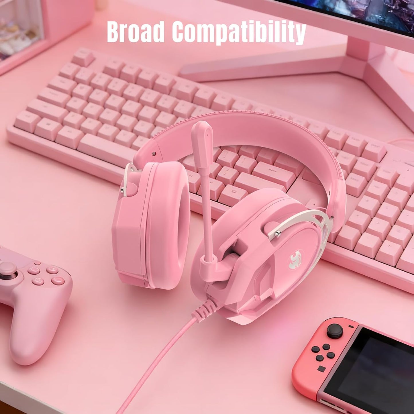K98 Gaming Headset with Mic, Wired Over Ear Headphones for PC, PS5, PS4, Xbox One, 50mm Stereo Surround Sound, Aluminum Frame, Memory Foam Ear Cushions, Noise Cancelling Mic (Pink)