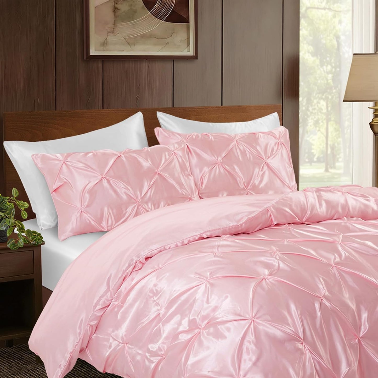 P Pothuiny Pintuck Satin Pillowcase Standard Size Set of 2, Blush Pink Satin Pillow Shams Pinch Pleated Silky Smooth Pillow Covers for Hair, Decorative Pillow Case with Envelope Closure