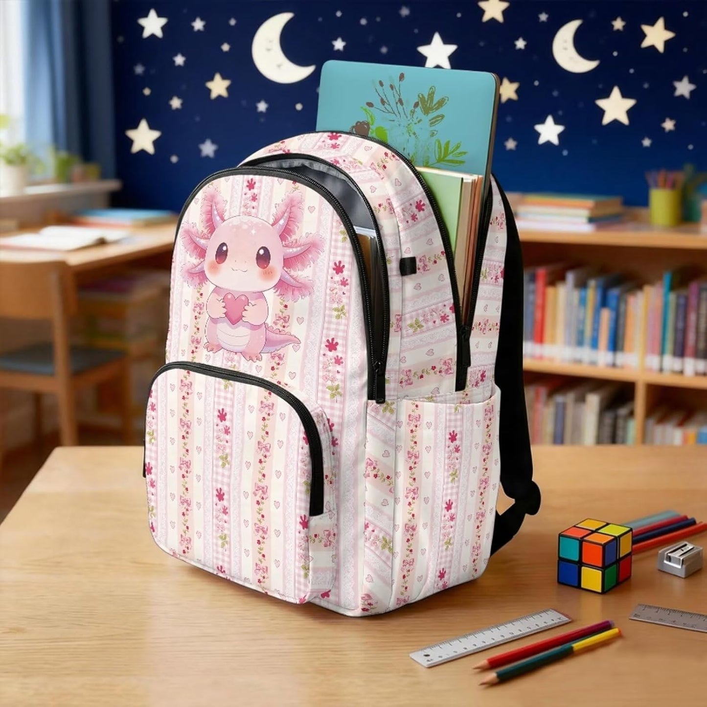 Axolotl Paw Print School Backpack for Girls Large Capacity Bookbag with Anti Theft Pocket Lighweight Schoolbag Travel Daypack for Kids Teens Preschool Students, Pink