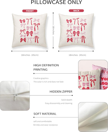 LiTiu Pink Throw Pillow Covers, Preppy Bedding, Trendy Aesthetic Cute Throw Pillow Cases 18x18 Set of 2, Bow Cherry Pillowcases for Teen Sofa, Dorm, Girls Bedroom
