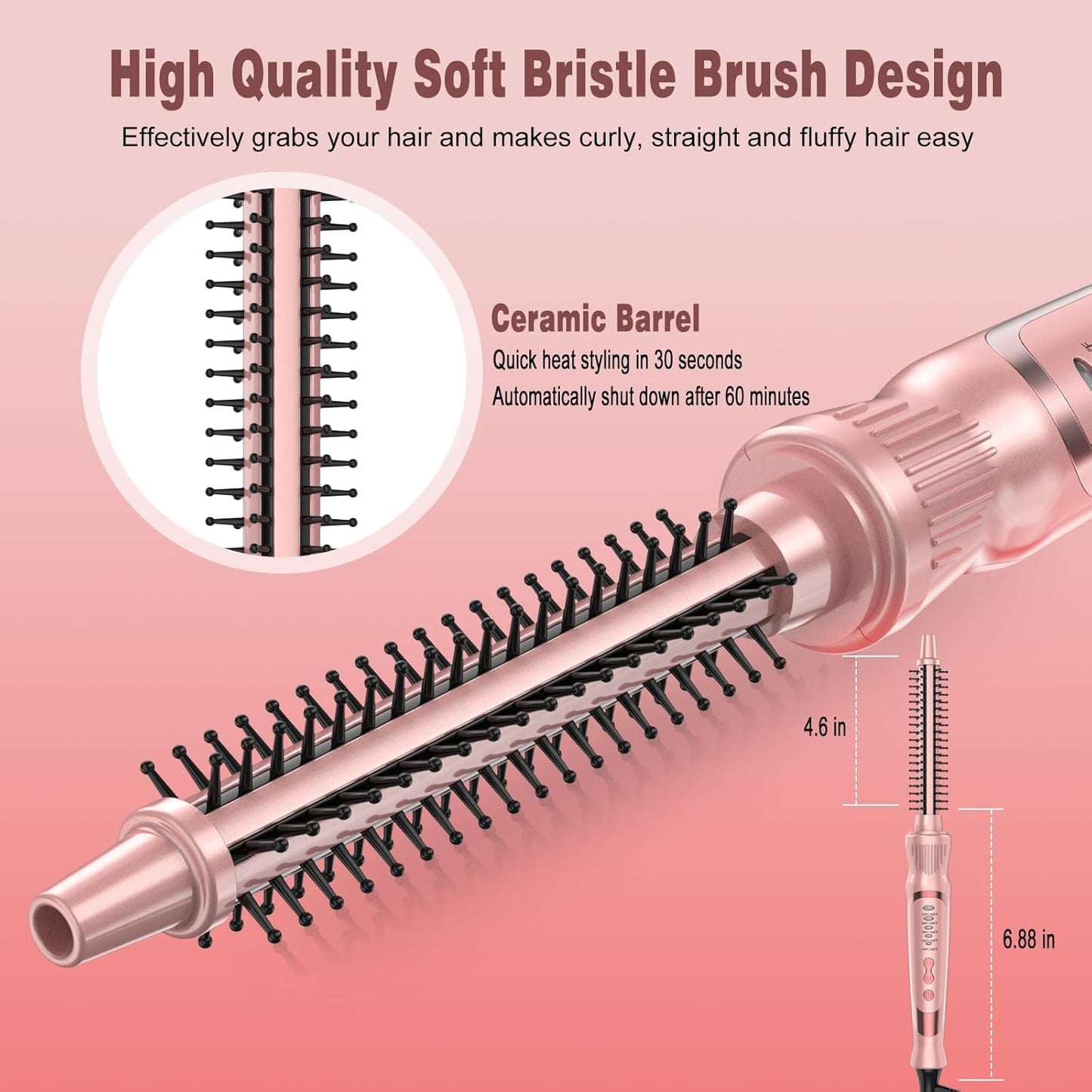 Heated Round Brush, Ceramic Tourmaline Ion Curling Iron, Hot for Fluffy Thermal Brush Curling Wand, Suitable for All Hair Types Tool (Pink, 0.5 inch)