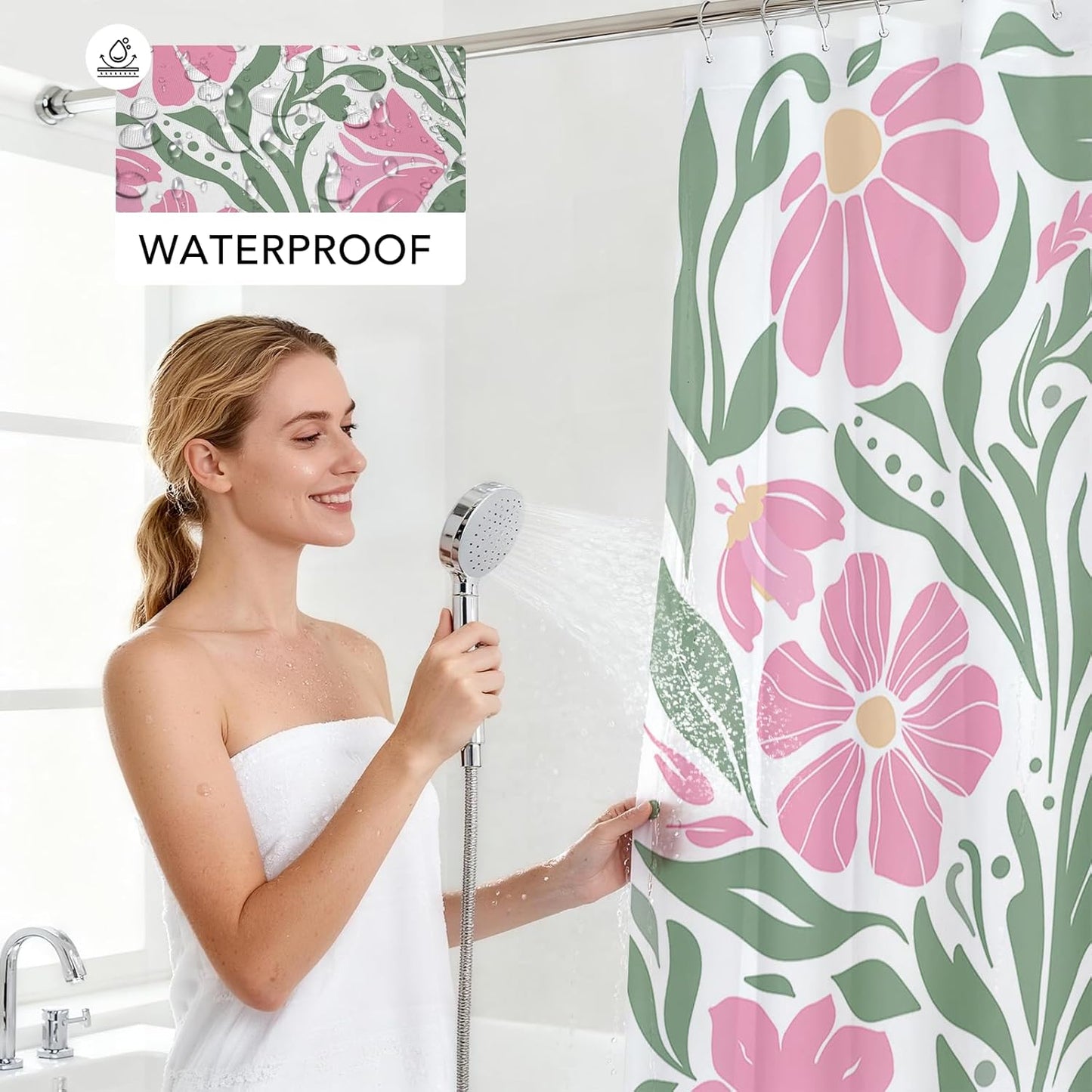 Mocsicka Boho Flower Shower Curtain Aesthetic Floral Shower Curtains for Bathroom Modern Abstract Bathroom Decor Waterproof Funky Cute Bath Curtain with Hooks (Pink, 71x71 inch)