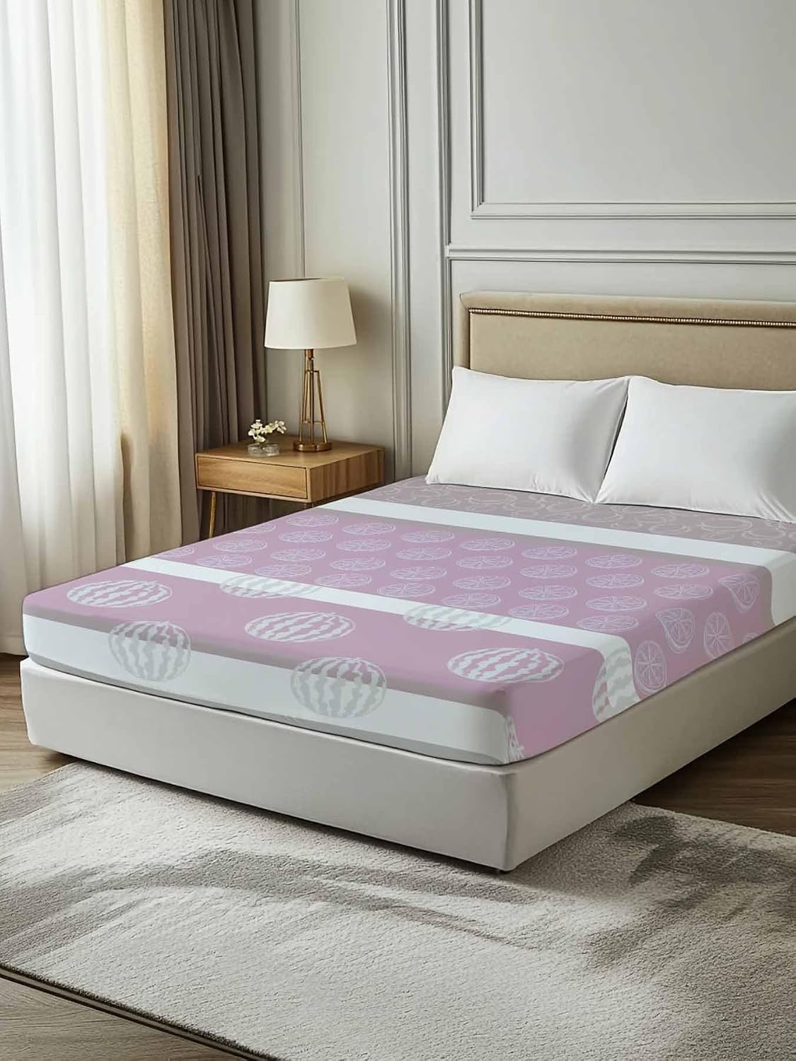 Full Size Flat Sheet Only, Farm Fruits Soft Brushed Microfiber Bed Sheets, Watermelon Lemons Peach Pink Grey Striped Hotel Quality Breathable Bedding Top Sheet, Easy Care, 81"x96"