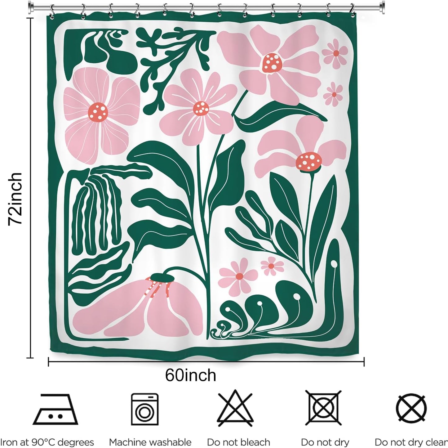 Abstract Flower Matisse Shower Curtain 60Wx72L Inch Pink Green Plant Minimalist Contemporary Retro Art Groovy Modern Bathroom Set Accessories Decor with 12 Pack Hooks