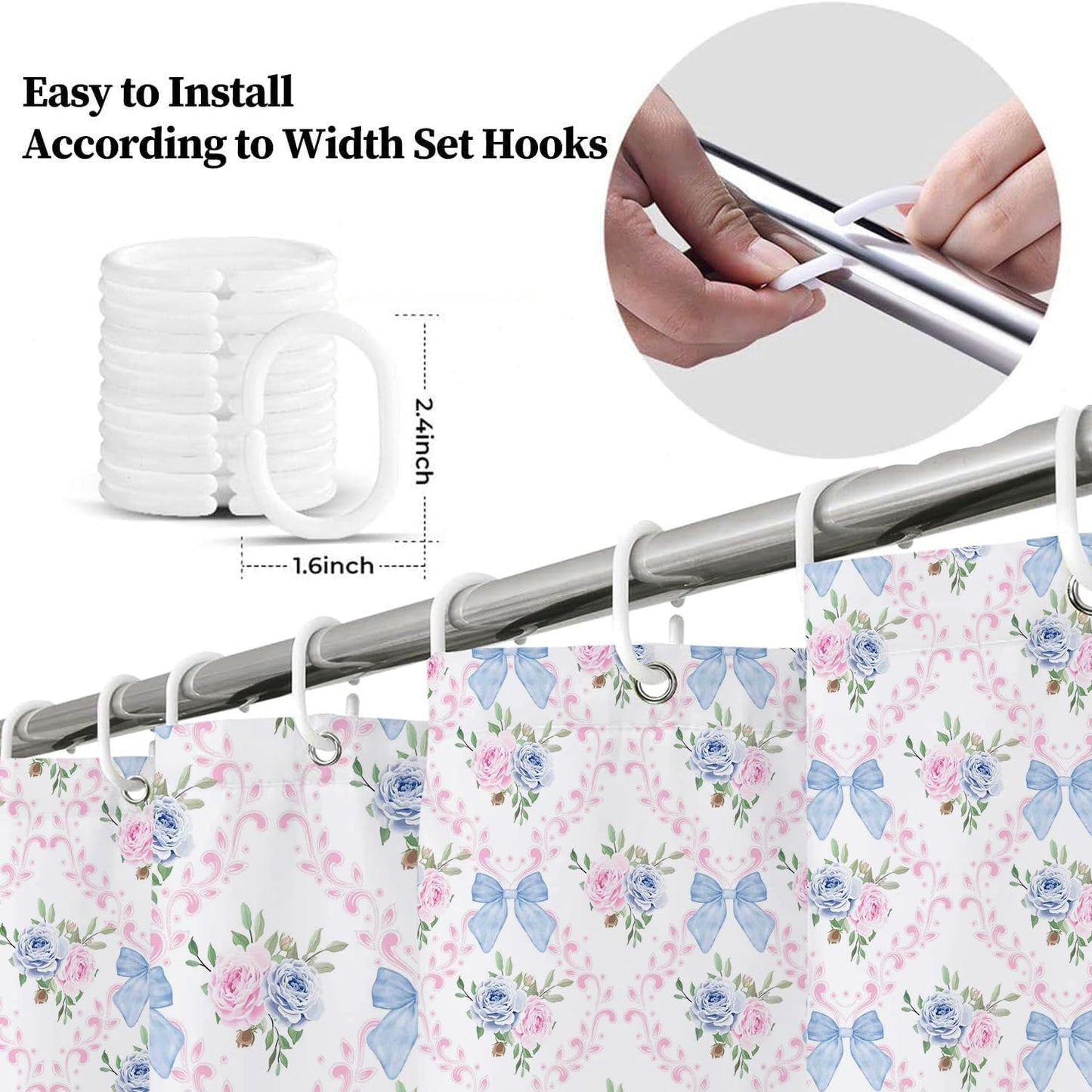 Coquette Blue Bow Shower Curtain Preppy Pink and Blue Floral Plaid Bowknot Shower Curtains for Bathroom Decor 72x72Inch Polyester Cute Teen Girls Girly Bath Curtain Set with 12 Hooks