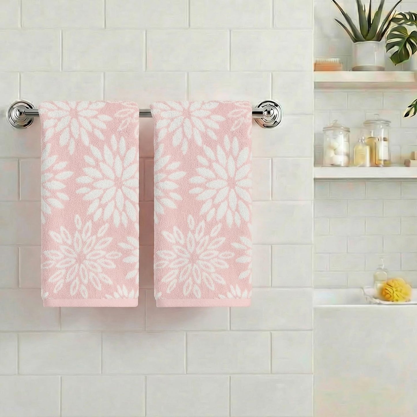 Artoid Mode 2 Pcs Beige Pink Dahlia Floral Jacquard Hand Towels for Bathroom, 100% Cotton Soft Absorbent Bathroom Decor Towels, 13.7 x 29.5 Inch