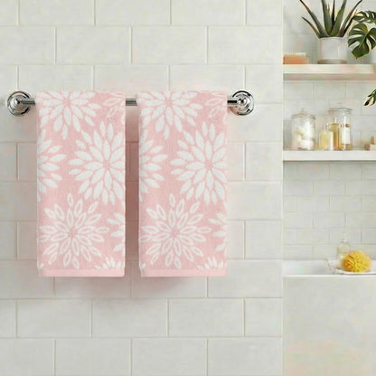 Artoid Mode 2 Pcs Beige Pink Dahlia Floral Jacquard Hand Towels for Bathroom, 100% Cotton Soft Absorbent Bathroom Decor Towels, 13.7 x 29.5 Inch