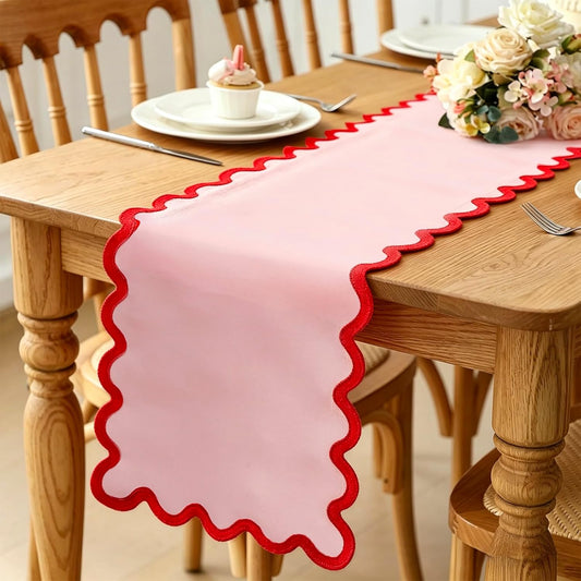 AnyDesign Scalloped Edge Table Runner Elegant Red Pink Table Cover Decoration for Holiday Wedding Birthday Party Home Kitchen Dining, 15 x 69.3 Inch