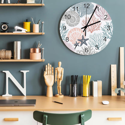 Underwater World Wall Clock Battery Operated Non-Ticking 10" Round Wood Clocks, Marine Life Starfish Coral Shell Pink Kitchen Wall Clock for School Bathroom Living Room Home Office Wall Decor