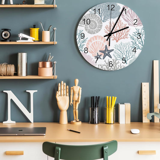 Underwater World Wall Clock Battery Operated Non-Ticking 10" Round Wood Clocks, Marine Life Starfish Coral Shell Pink Kitchen Wall Clock for School Bathroom Living Room Home Office Wall Decor