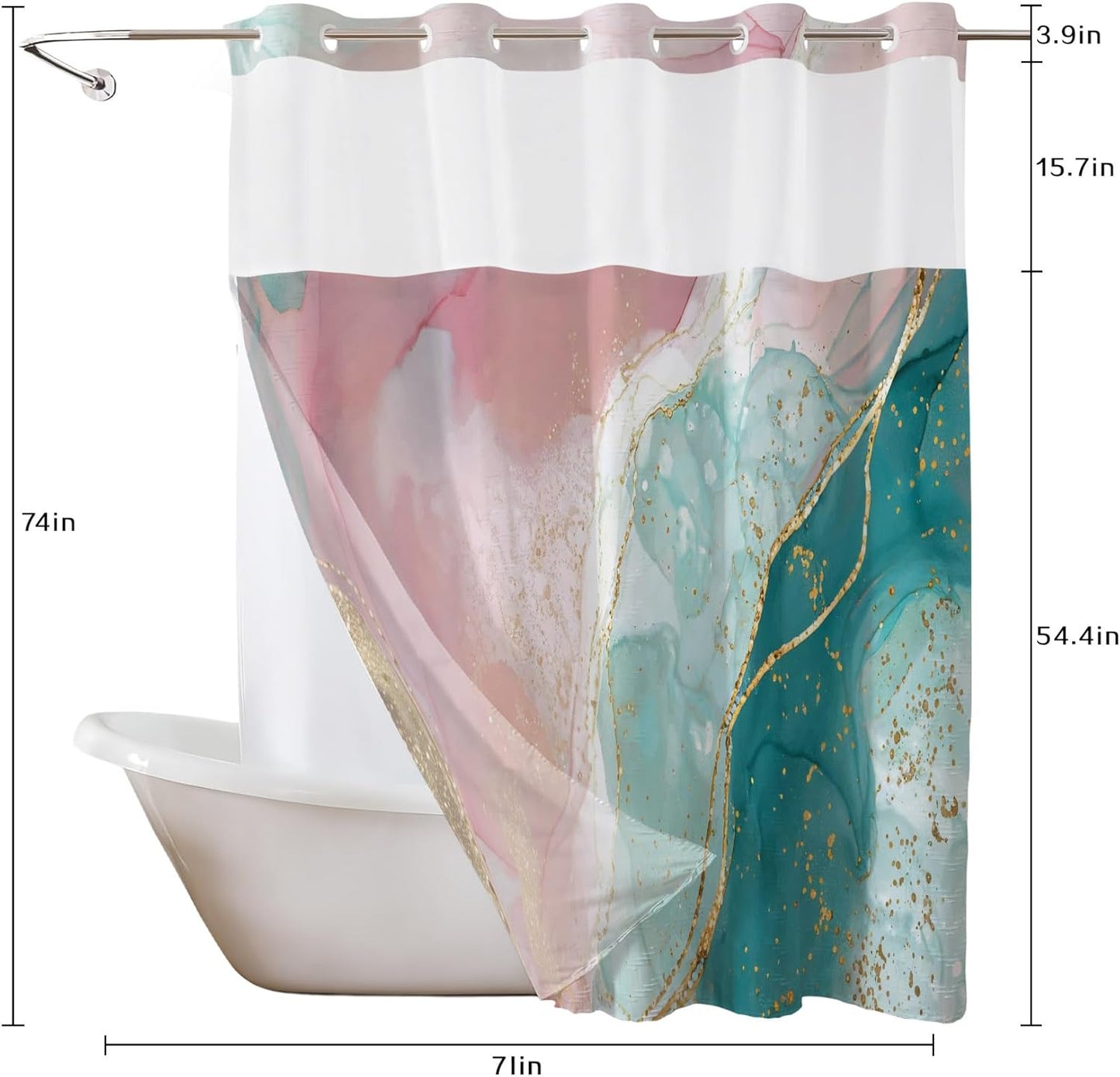 HVEST Pink Teal Marble No Hook Shower Curtain and Liner Set Abstract and Modern No Hook Shower Curtain with Snap in Liner Pink and Green Marble Shower Curtains for Bathroom,72 x 74 inch