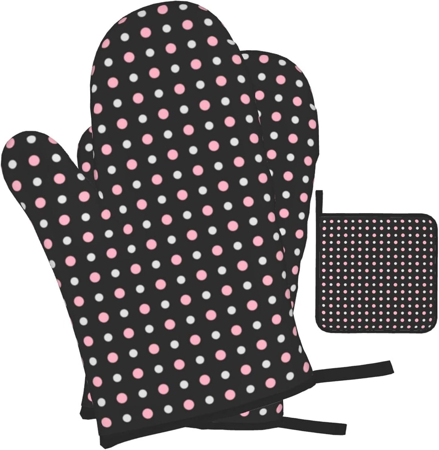 3PCS Oven Mitts and Pot Holders Sets, Black, Pink, Gray and White Dots Oven Mitts Set Heat Resistant Kitchen Microwave Gloves Safe for Baking,Cooking, BBQ