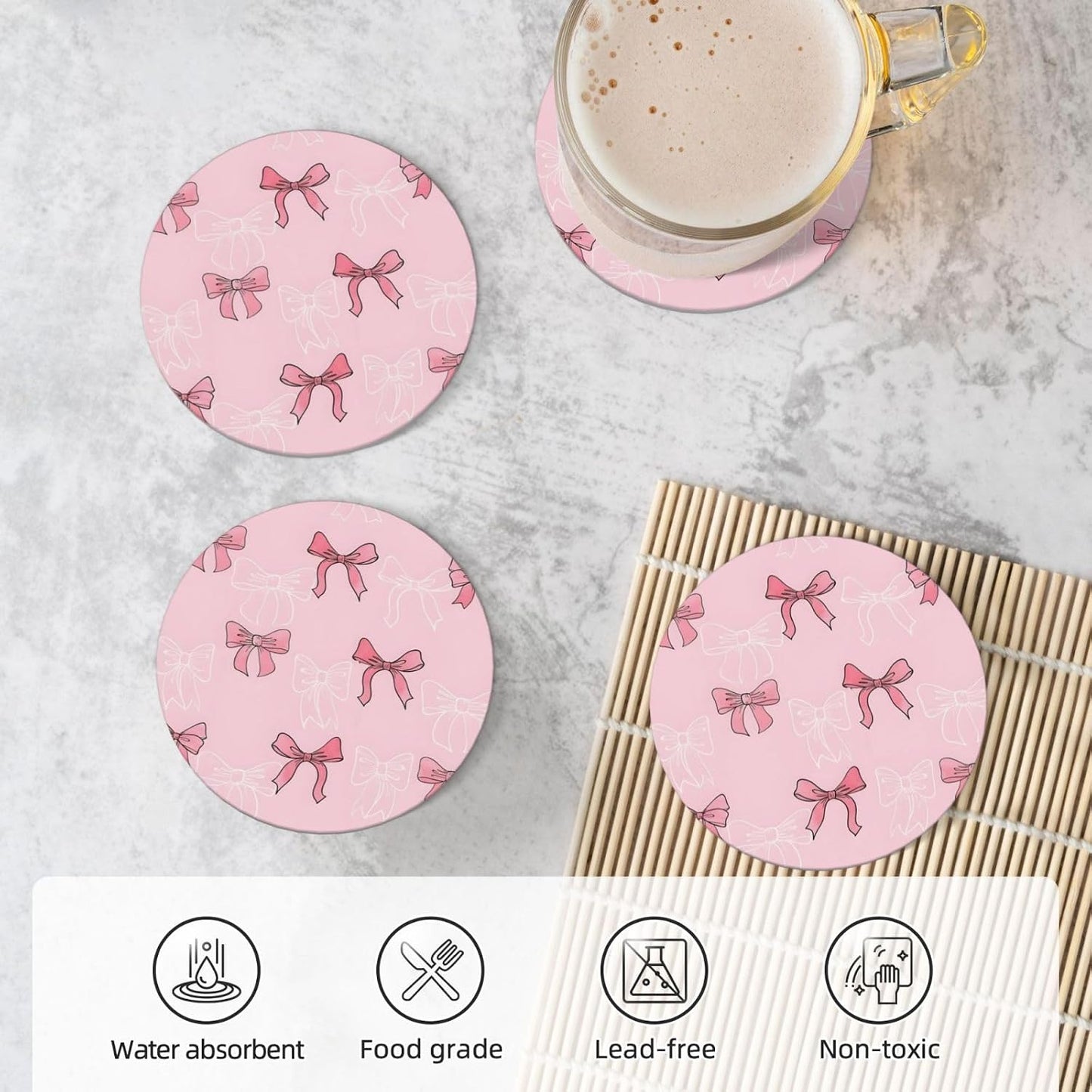 Generic Pink Bow Coasters for Drinks, Absorbent Set of 4 Ceramic Cork Base Coasters Set Decorative 4.1"", 123654