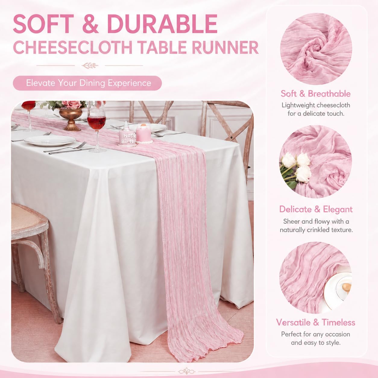 2 Pack Pink Cheesecloth Table Runner 17x108 Inch Boho Rustic Semi Sheer Gauze Cheese Cloth Table Runner for Wedding Bridal Shower Baby Shower Party Farmhouse Dining Table Decor