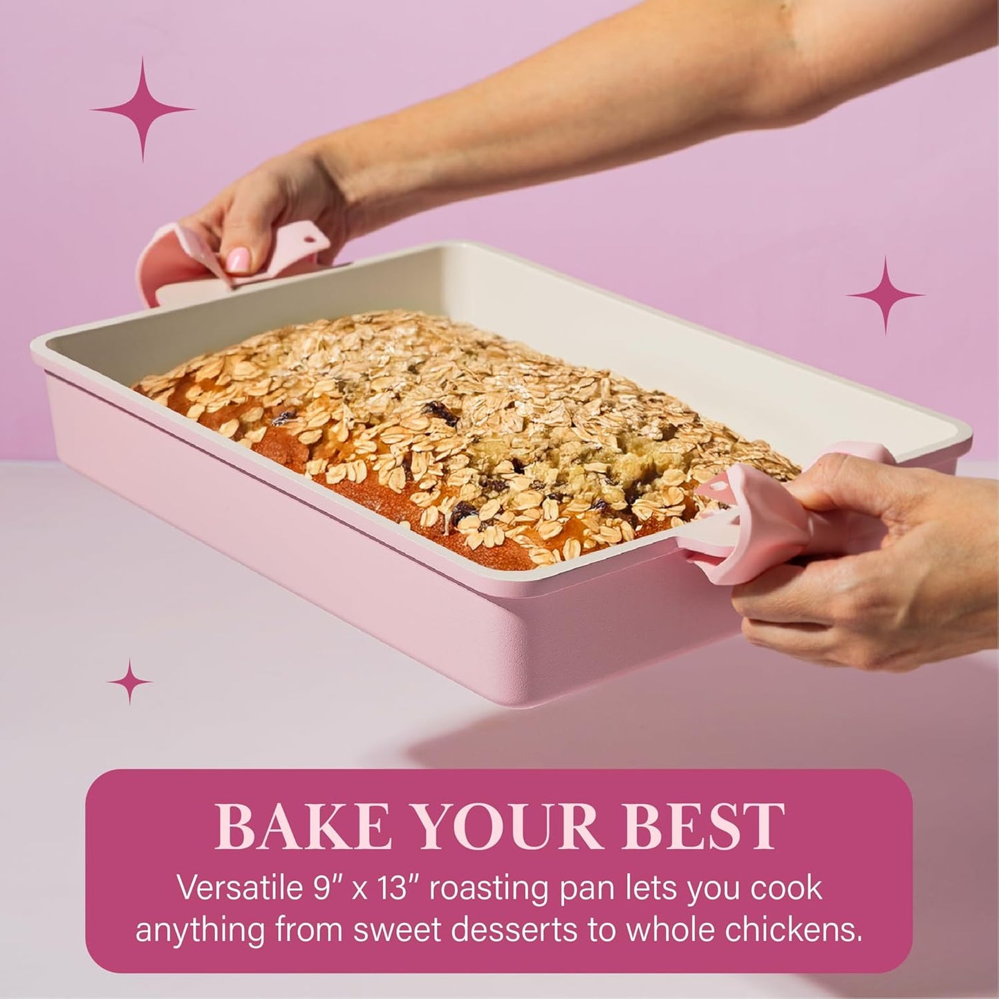 Paris Hilton Deluxe Roasting Pan Set, Heavy Duty Nonstick Bakeware with Silicone Handle Grips, 13"x9", Pink