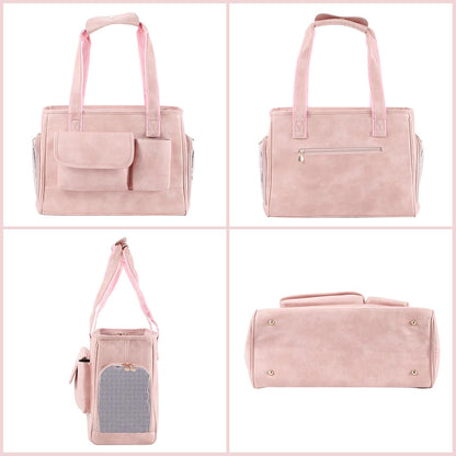 Dog Carrier Purse, Fashion Leather Pet Carrier Bag, Airline Approved Soft Sided Cat Travel Tote Bag with Pockets Pink