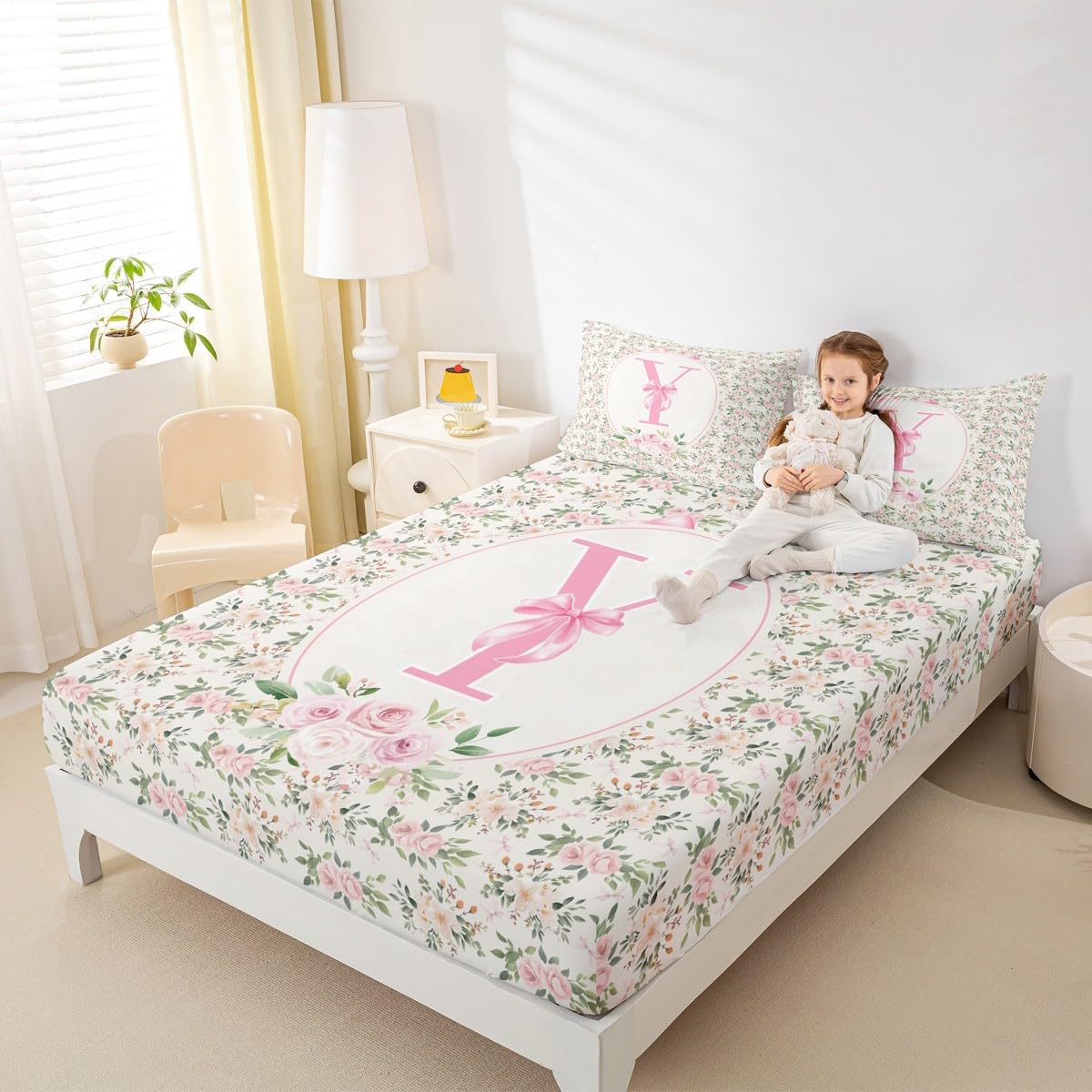 Erosebridal Letter Y Fitted Sheet Twin Size Peach Blossom Bed Sheets Kawaii Girly Bowknot Coquette Bedding Set for Kids Girls WomenPreppy Princess Bow Cute Fashion Sheets
