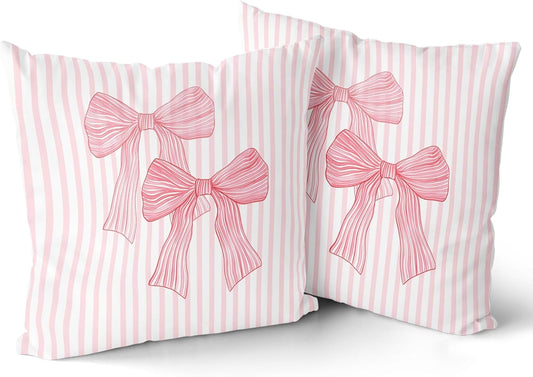 Giwawa Pink Bow Pillow Covers 18x18 Inch Set of 2 Pink and White Striped Pillowcase for Home Preppy Room Bedroom Sofa Decor, Double Sided Pattern