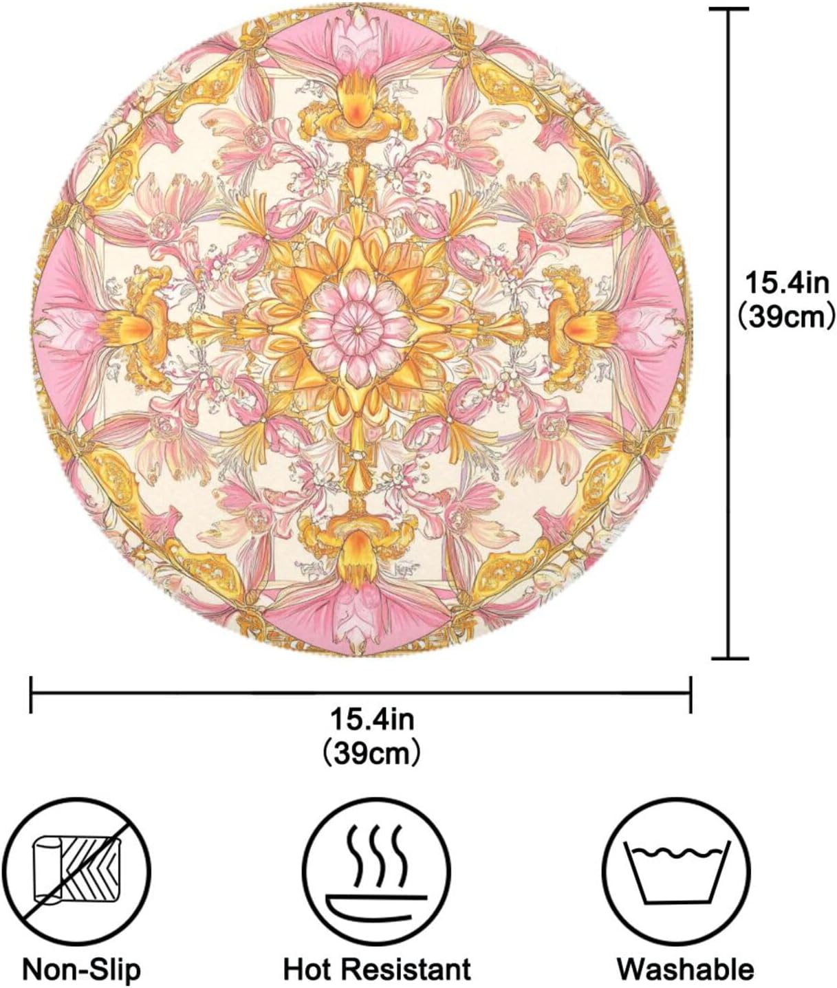 Retro Floral Pattern Gold and Peach Round placemat Reversible placemats Washable Cloth placemats Table Plate mat placemats Waterproof Set of 6 placemats for Non Slip 15.4x15.4in