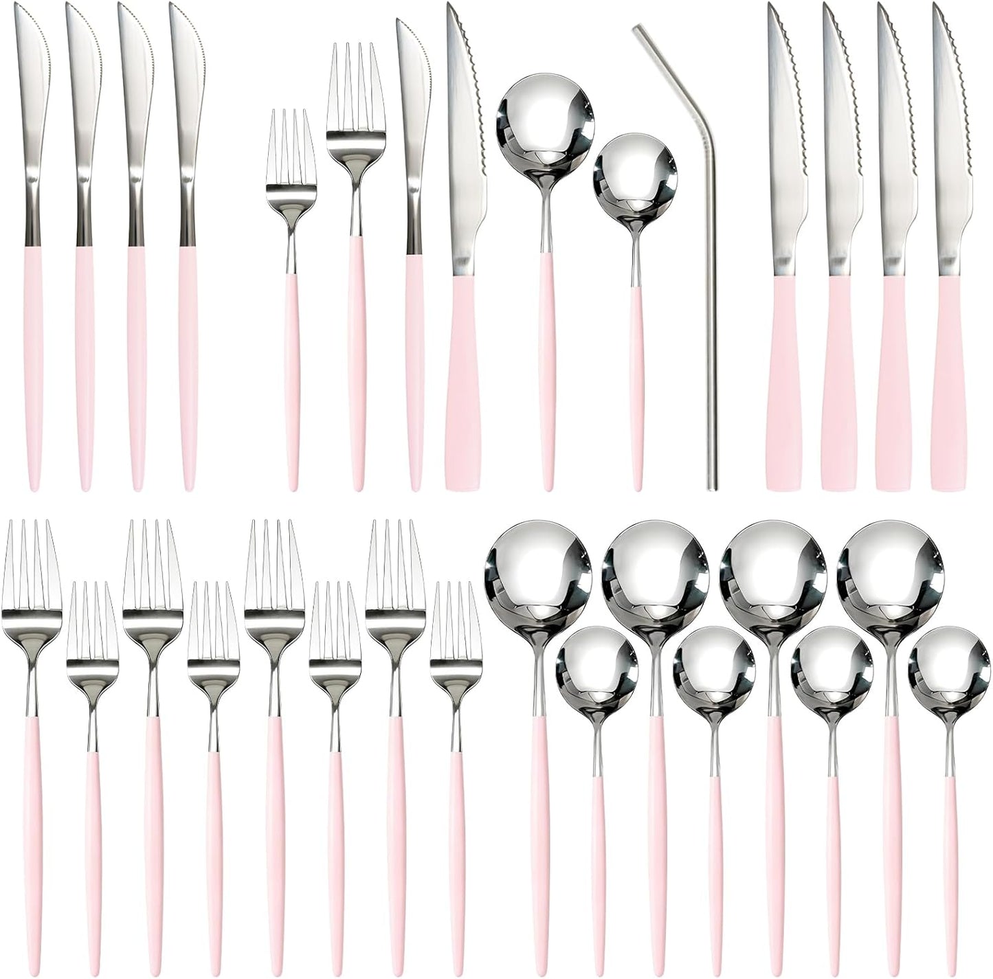 Astercook Silverware Set with Steak Knives 24-Piece Flatware Set for 4 Food-Grade Stainless Steel Pink Cutlery Set Mirror Polished Utensils Set Include Spoons and Forks for Home Kitchen Restaurant
