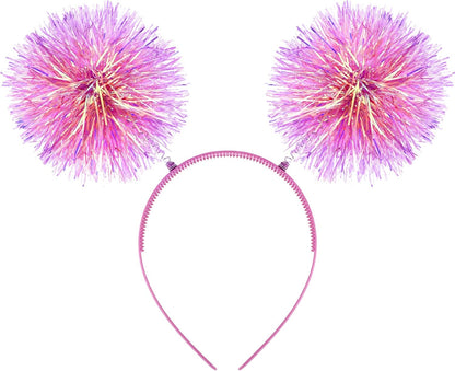 DIVINA VITAE Foil Strips Glitter Tinsel Headband White Hair Accessories for Women, Fluffy Pom Ball
