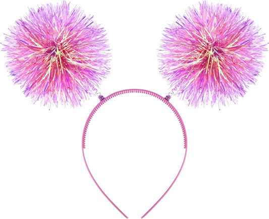 DIVINA VITAE Foil Strips Glitter Tinsel Headband White Hair Accessories for Women, Fluffy Pom Ball