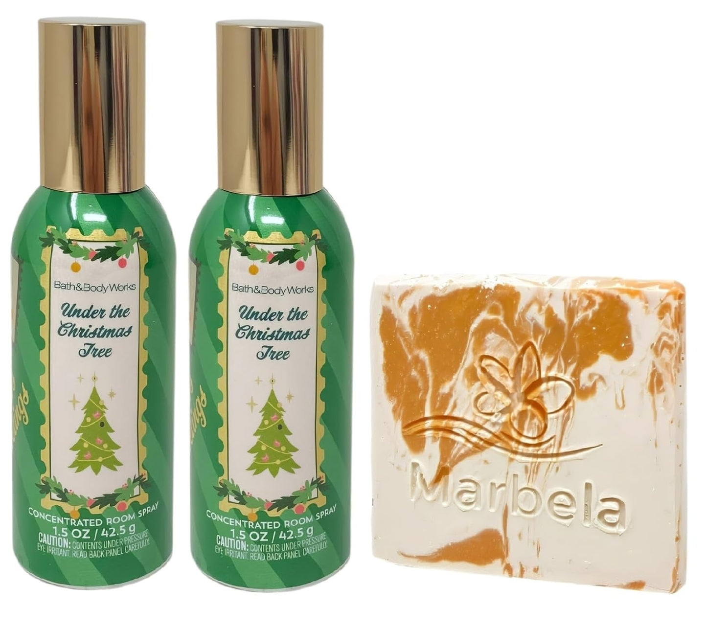 Bath & Body Works Under The Christmas Tree - 2 Concentrated Room Spray - with a Peach Gardenia Sample Soap