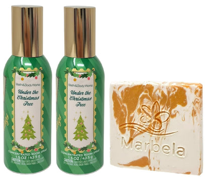 Bath & Body Works Under The Christmas Tree - 2 Concentrated Room Spray - with a Peach Gardenia Sample Soap