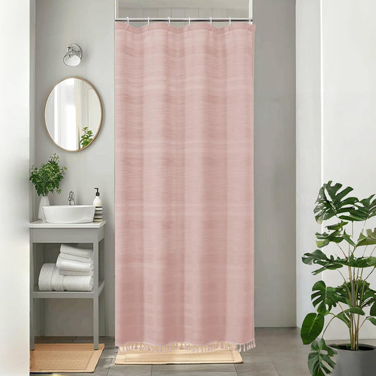 OVZME Small Stall Shower Curtain - Linen Textured Bathroom Curtain with Boho Tassel, Heavy Duty Farmhouse Bath Decor for RV Camper, Machine Washable, 36Wx72L Inches, Pink