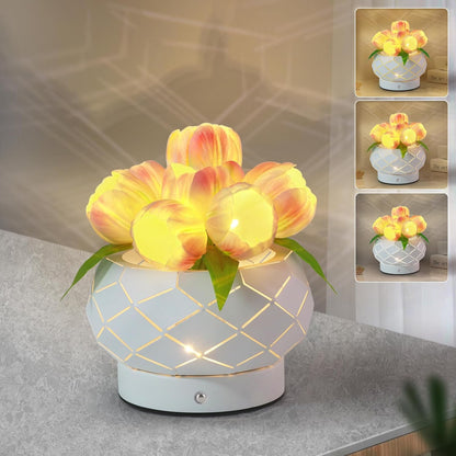 Tulip Flower Lamps, 3 Colors Dimmable Touch Lamp with Vase, USB Rechargeable LED Flower Lamp, Artificial Flower Bedside Lamp, Romantic Night Light with Tulip, Gifts for Mother Wife Girls (Pink Tulip)