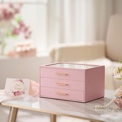 pickpiff Jewelry Box Organizer Case for Women: 3-Layer Jewelry Storage Case with Glass Window, Pink Leather with Velvet Holder for Ring Necklace Bracelet Brooch Watch, Great Gift for Her
