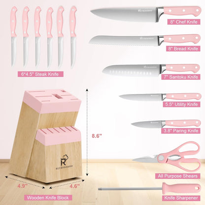 Pink Knife Set,14 Pieces Professional Kitchen Knife Set with Universal Knife Block, Super Sharp Knife Set with Ergonomic Handle Non-stick Stainless Steel Knife Block Set (Pink-14 Pieces)