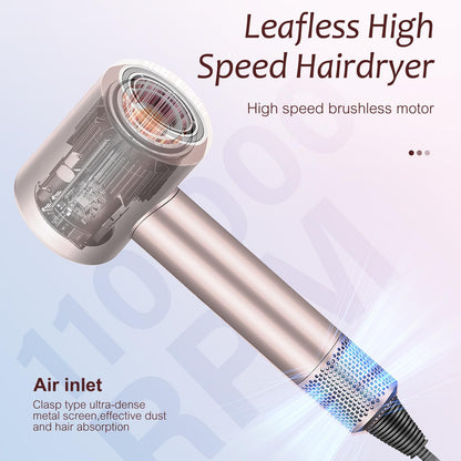 Brushless Powerful Hair Dryer, 1600W 110,000 RPM Fast Drying High Speed Blow Dryer with Negative Ion Technology, Portable Lightweight with Diffuser and Nozzle for Home Salon Travel, Pink
