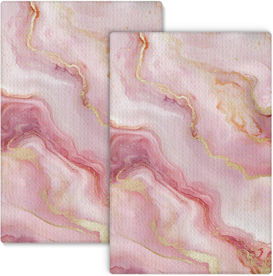 Luxury Pink and Gold Marble Kitchen Towels Set of 2, Abstract Modern Decorative Hand Towels for Bathroom, Gold and Pink Textured Dish Towels Tea Towels for Kitchen, 16x24 Inch