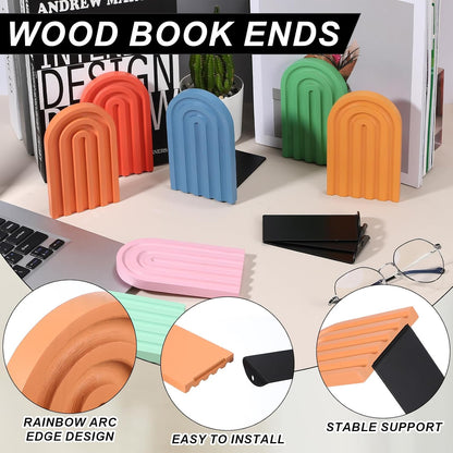 PATIKIL 2Pcs Boho Arch Bookends, Non-Skid Wood Book Ends Rainbow Wooden for Shelves Book Stopper Stand Cute for Holding Books Movie Home Office Library Decorative, Light Orange/Pink